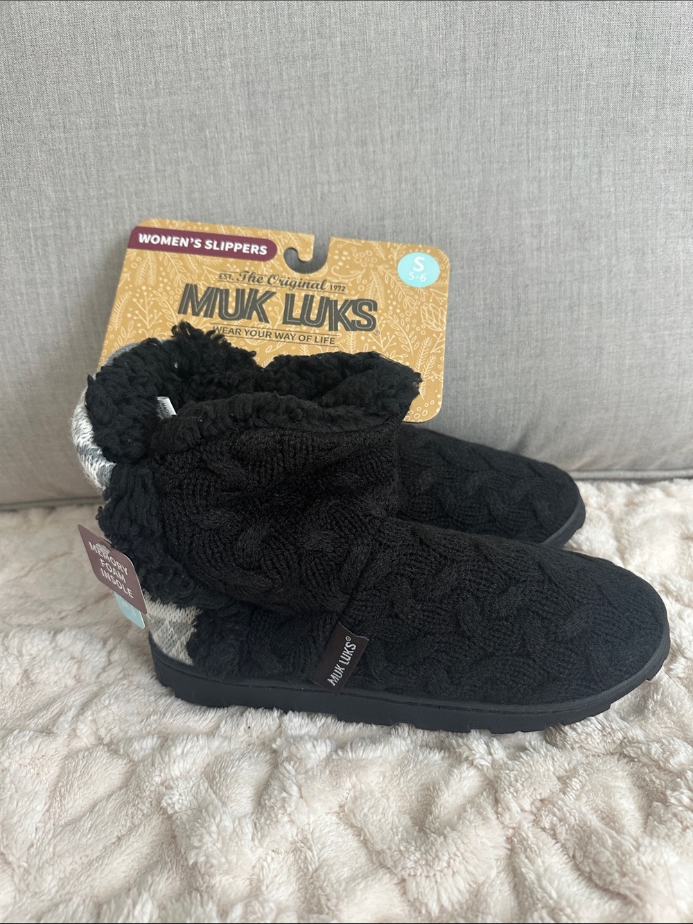 Muk Luks Black Cable-Knit Boot Slippers